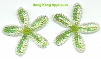 Green sequin flower appliques, bright sparkling green sequins with shimmering green & white beads!